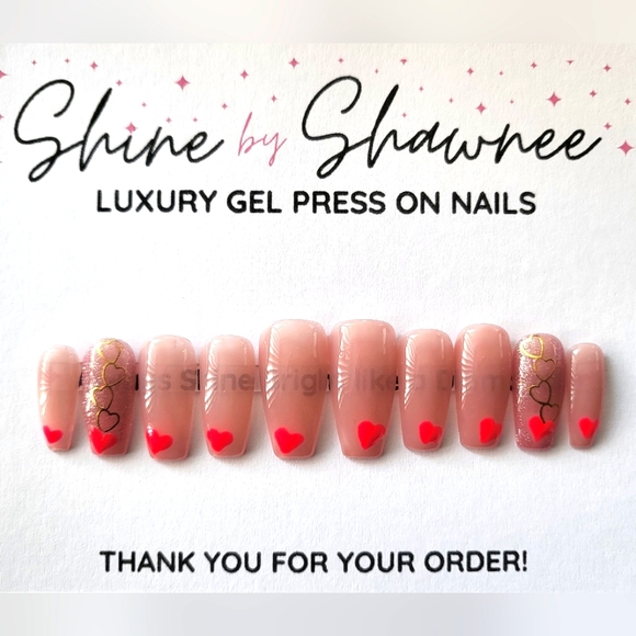 Handmade Luxury Press-On Nails | Sturdy & Reusable | HEARTS OF HAPPINESS - Picture 1 of 10